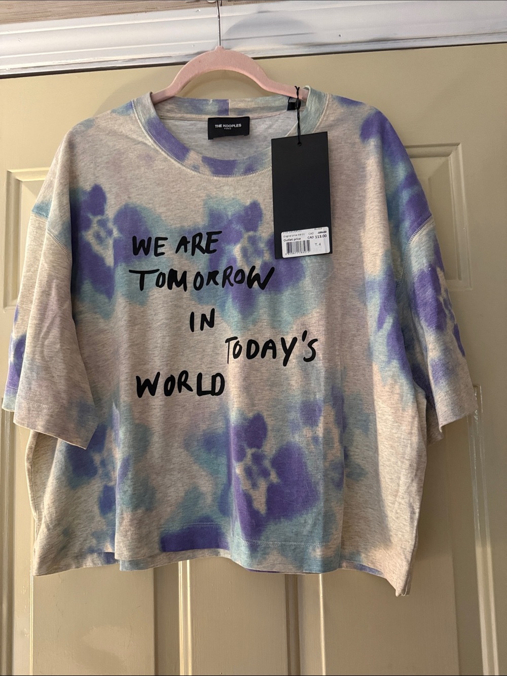 The Kooples Pastel Blue and Purple Tie-Dye Crop Tee with Black Script